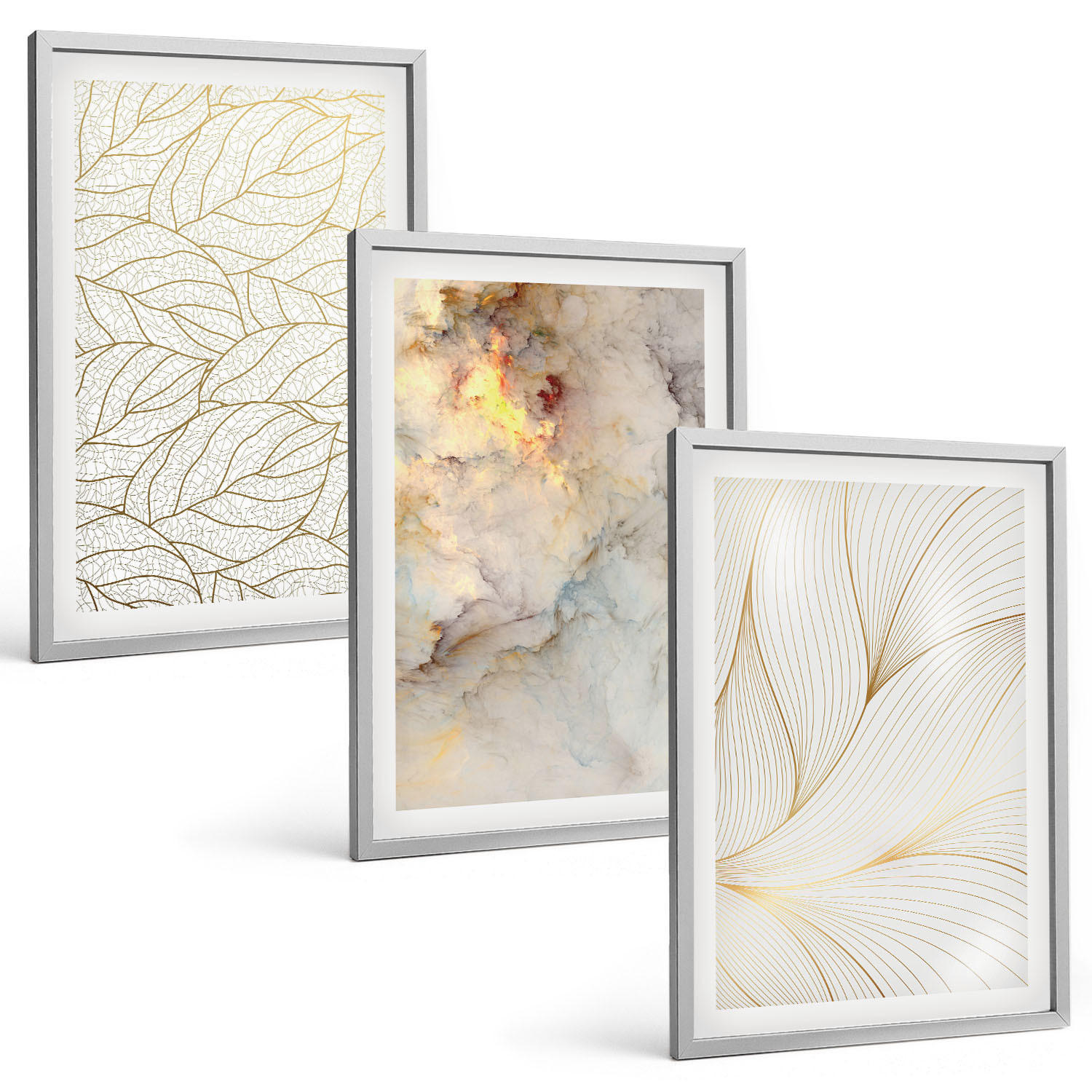 BILDER SET 3er Set - 40x60 cm Silberner Rahmen - Blättermuster Marmor abstrakt - Silberfarben, Kunststoff (40/60cm) - TULUP