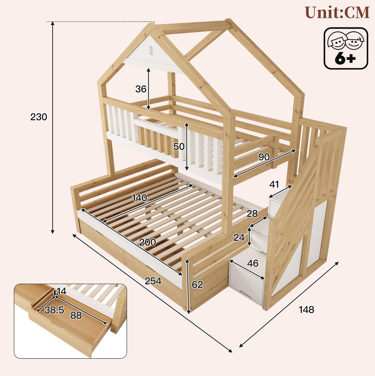 ETAGENBETT 90x200 & 140x200 cm in Weiß/Eiche mit Stauraumtreppe und Schubladen - Weiß, Holz (140/200cm) - IVMEU