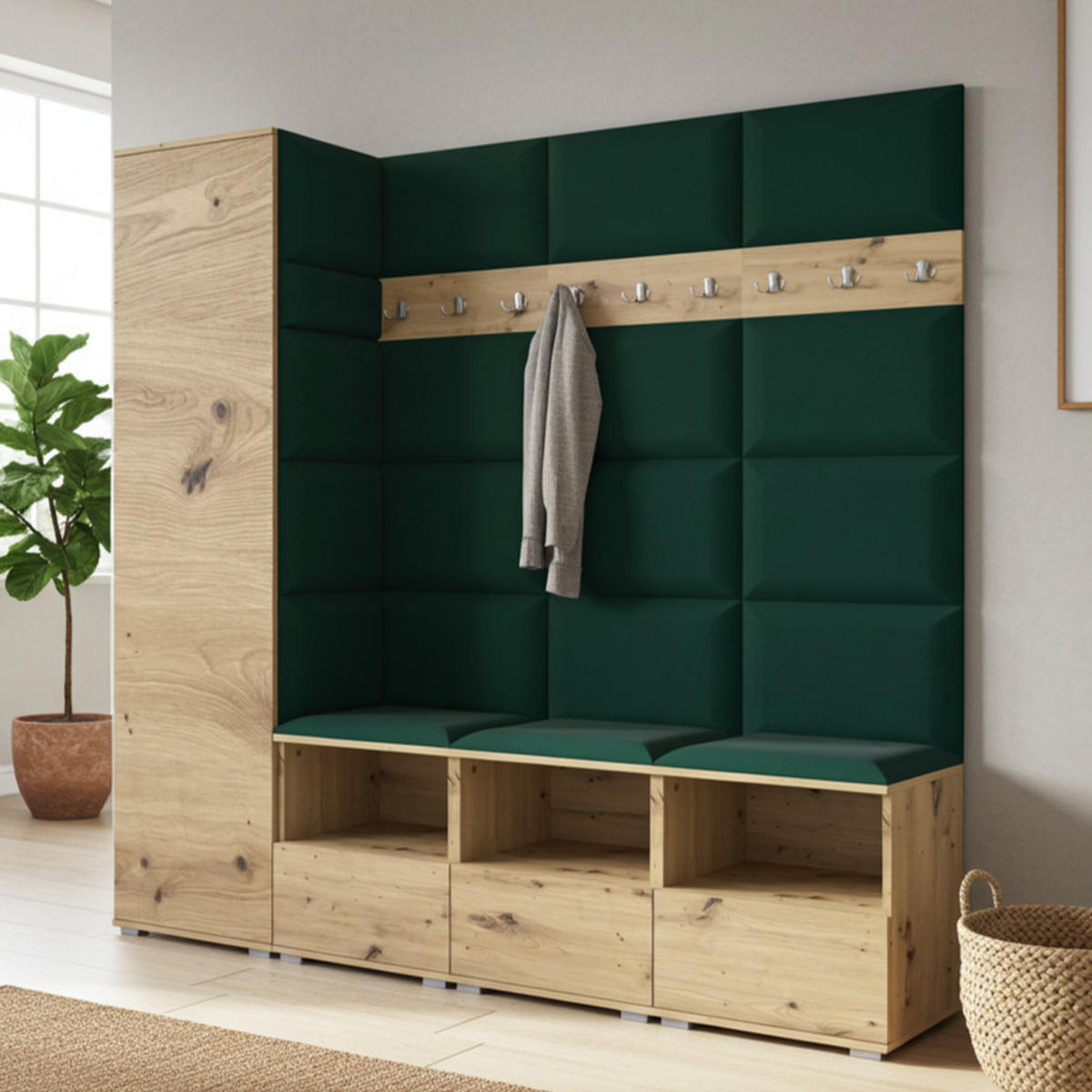 GARDEROBE NELA IX 200 cm (Modulare Flurmöbel Artisan Eiche mit Sitzpolster Flaschengrün 28 Breite Sitzbank) - Dunkelgrün/Silberfarben, Holz/Holzwerkstoff (200/187/40cm) - Ravio