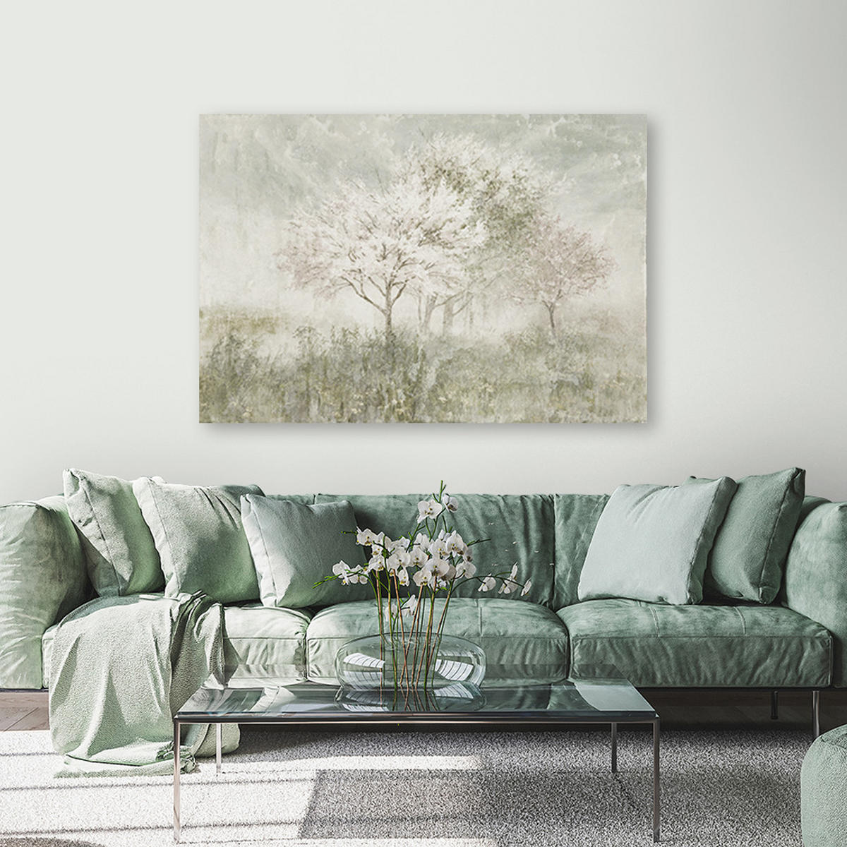 WANDBILD ein blühender baum in der wiese - Beige, Textil (60/40cm) - Feeby