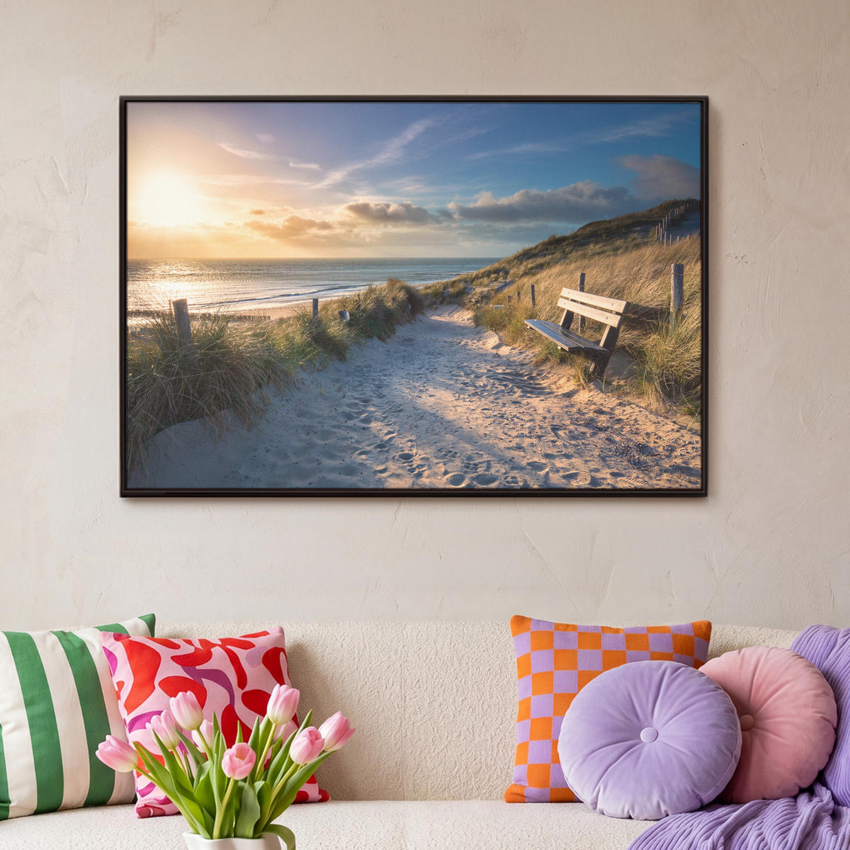 LEINWAND Bilder mit Rahmen - Sonnenuntergang - Strand - Düne - Gras - Ufer - 90x60 - Sandfarben, Textil (90/60cm) - MuchoWow