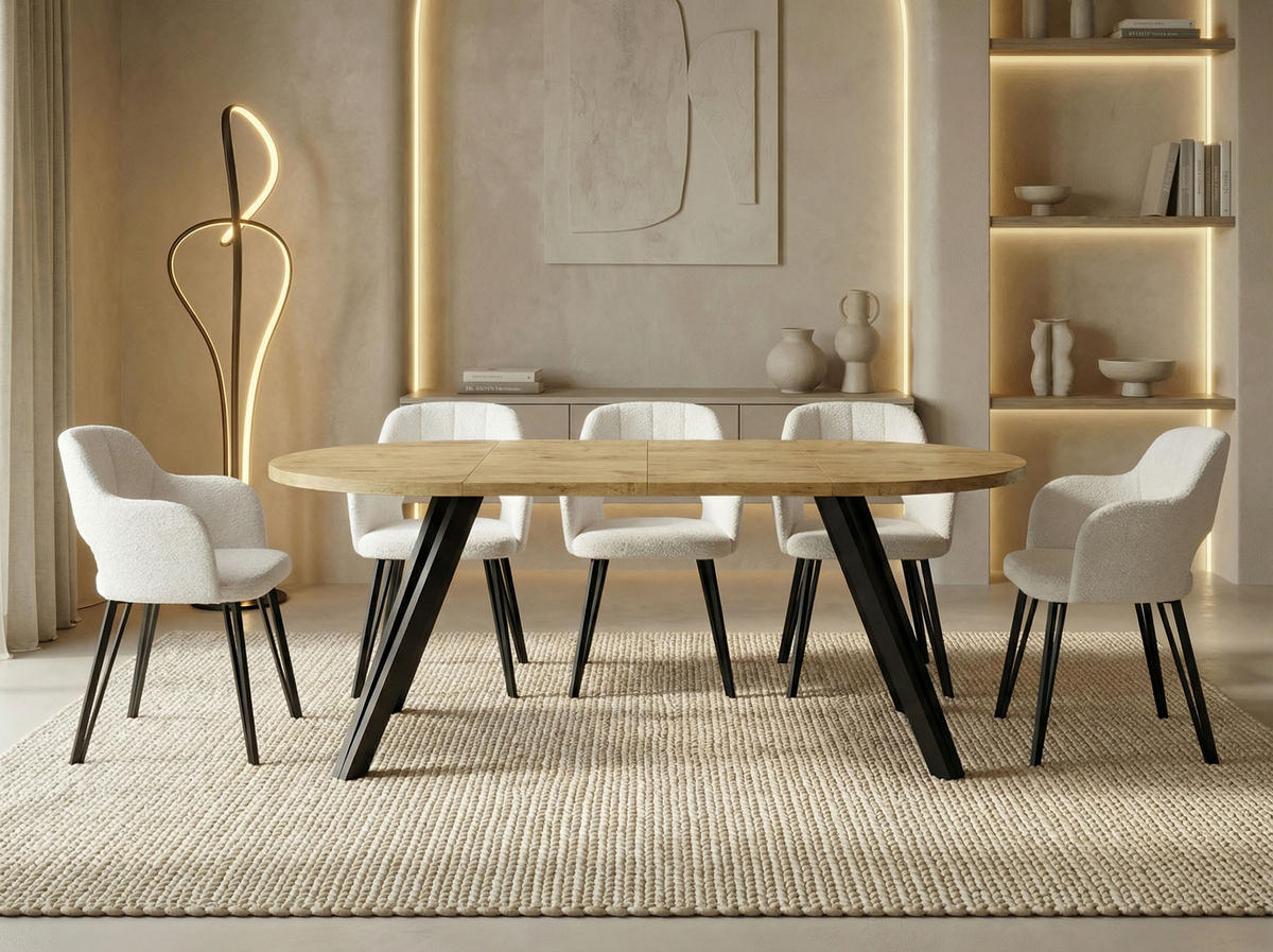 ESSTISCH Ravero runder ausziehbarer, Eiche Hell Braun 100-180/100/77 cm - Eichefarben/Schwarz, Holz/Holzwerkstoff (100/100/77cm) - WFL GROUP