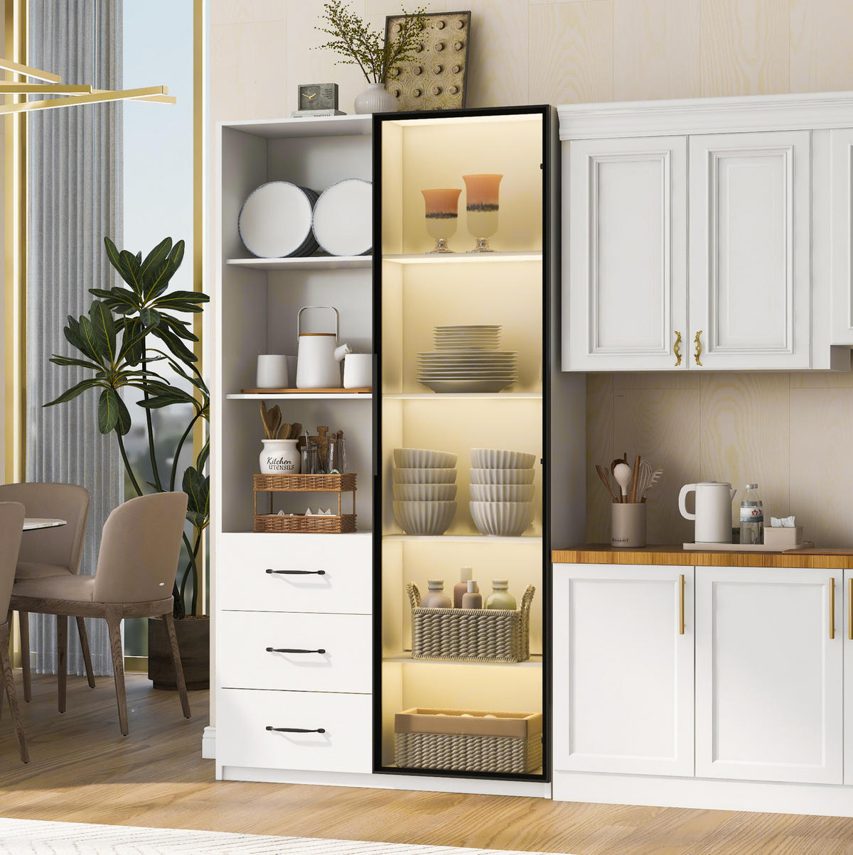 HIGHBOARD 80/40/160 cm in Weiß mit LED-Beleuchtung und 3 Schubladen - Weiß, Holzwerkstoff (80/160/40cm) - Flora Grace