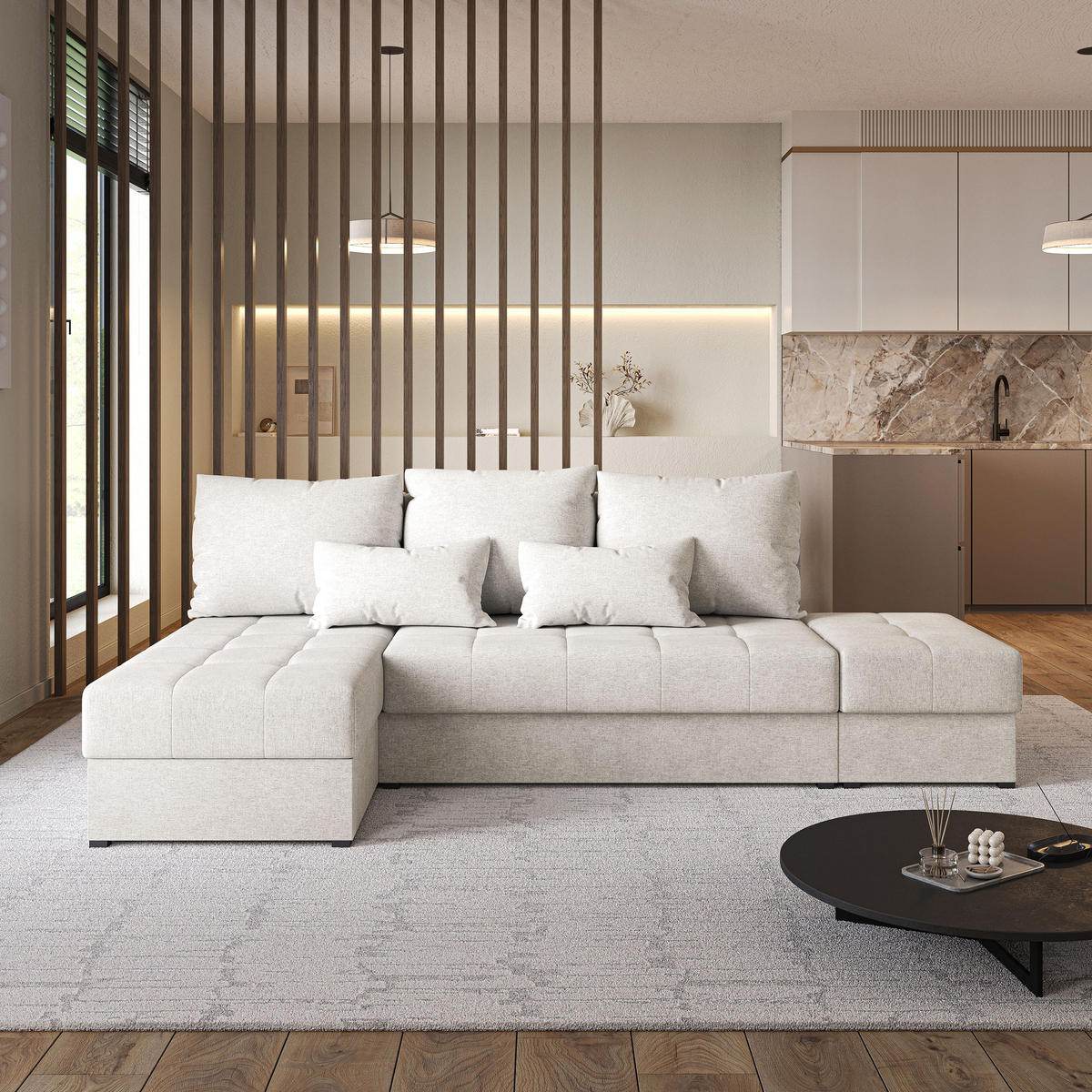 ECKSOFA NORVI Creme Geflochtener Stoff mit Schlaffunktion - Creme, Holz (251/143cm) - MASSENO