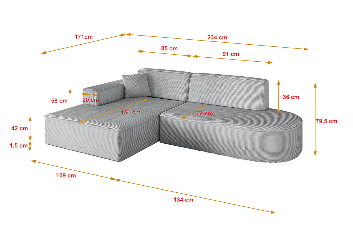 ECKSOFA Ottomane Links IREA-L1-v4 - 234x171x79 cm Grau - Grau, Holzwerkstoff/Textil (234/171cm) - ALTDECOR