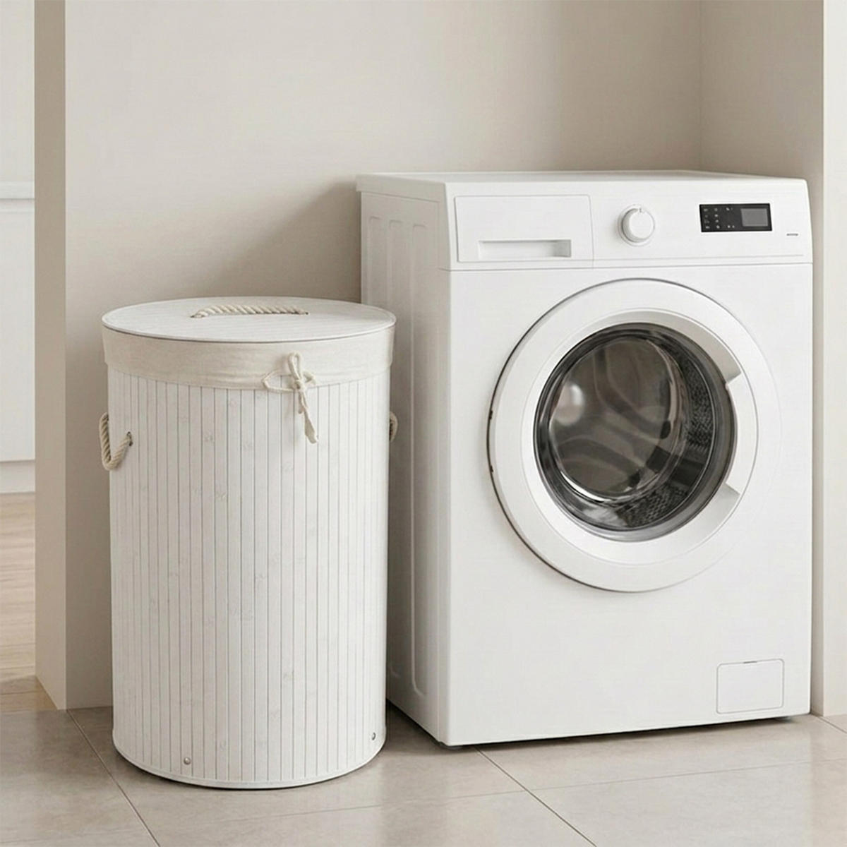 WÄSCHEKORB Weiß Bambus rund mit Deckel faltbar 70 l - Weiß, Holz/Textil (41/65/41cm) - Relaxdays