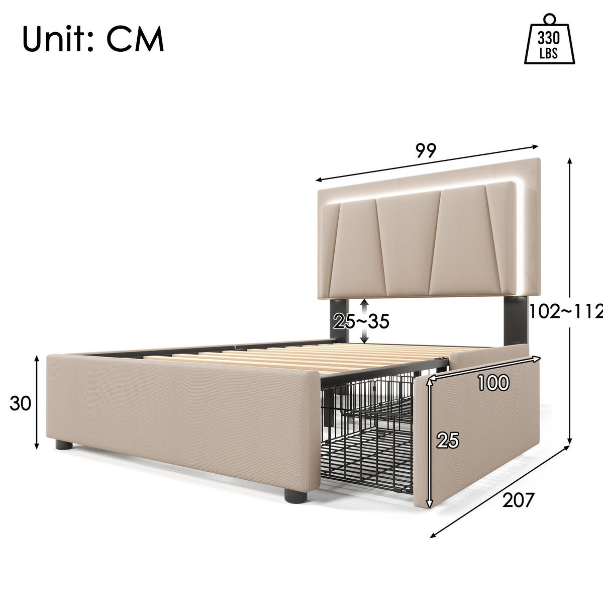 POLSTERBETT mit LED-Beleuchtung 90/200 cm in Beige mit verstellbarem Kopfteil - Beige, Holzwerkstoff (90/200cm) - BEAOK