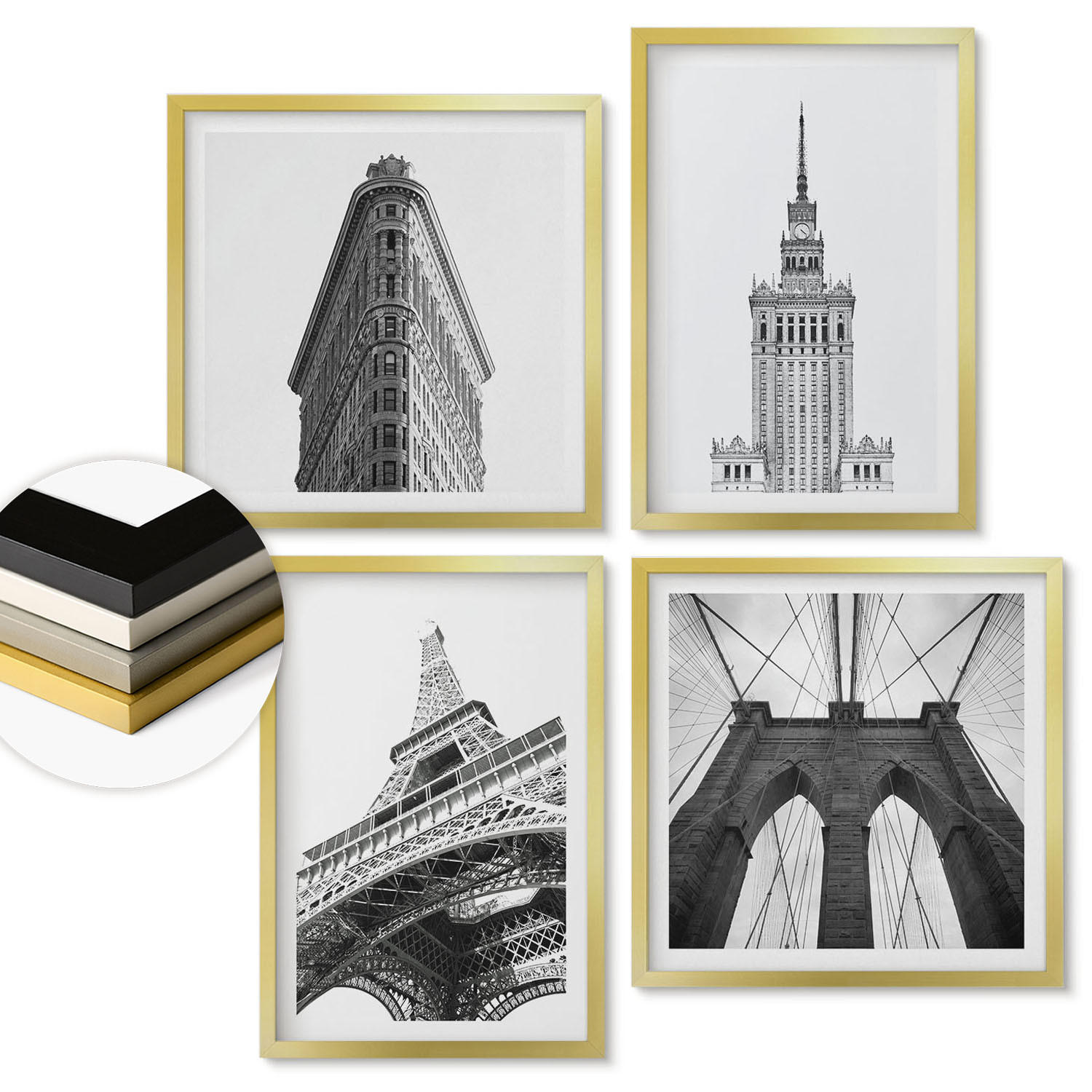 WANDBILDER 4er Set - 50x50 cm & 40x60 cm Goldrahmen - Architektur Schwarz-Weiß-Minimalismus - Goldfarben, Kunststoff (50/50cm) - ArtPrintCave