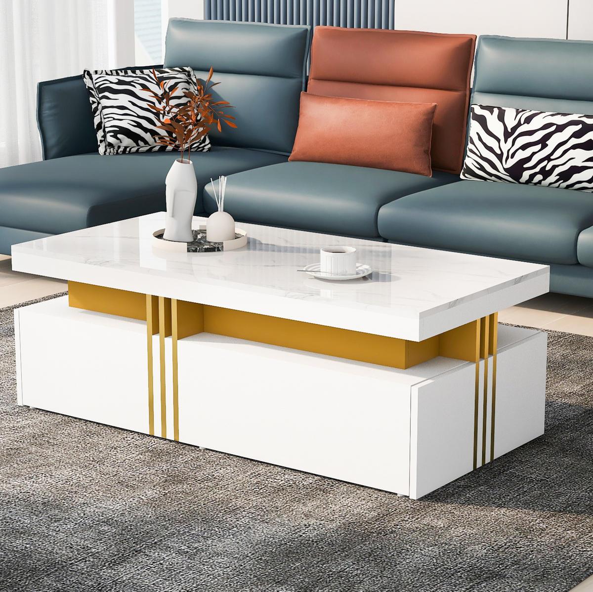 COUCHTISCH, marmorierte Hochglanz-Tischplatte, 2 Schubladen, weiße Spanplatte mit Metallkante, 100/50/40 cm,weiß - Weiß, Holzwerkstoff (100/50/40cm) - Redom