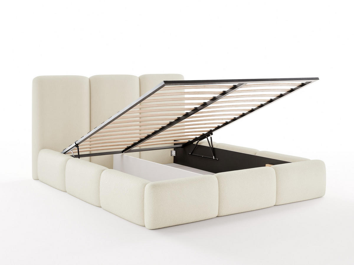 POLSTERBETT VARDO 180x200 cm mit Bettkasten, Stauraum und Metall-Lattenrost – Bouclé Stoff Creme - Creme/Schwarz, Textil/Metall (180/200cm) - Luxkor24
