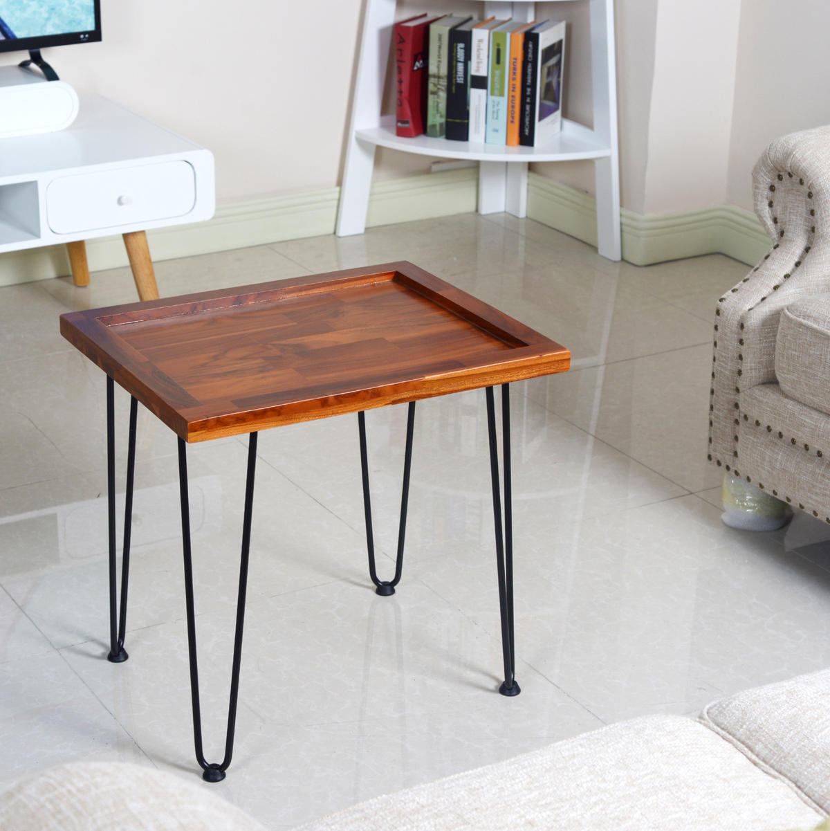 COUCHTISCH 55/45/53 cm mit Massivholzplatte, lackierten Eisenfüßen und rutschfesten Fußpolstern, Naturholz - Naturfarben, Holzwerkstoff (55.5/45/53cm) - Redom