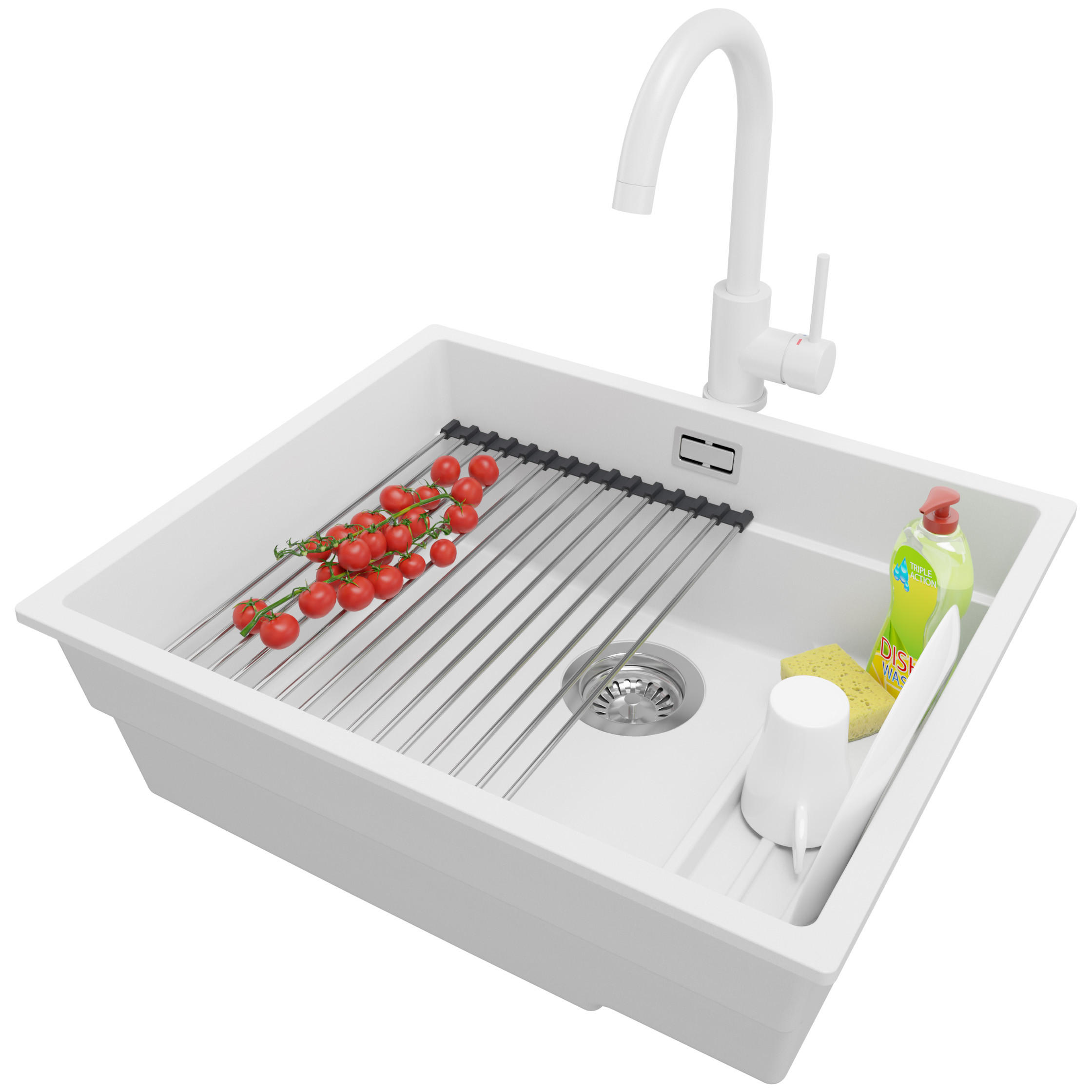 GRANITSPÜLE Praga Slim, 2-er set Weiß 56/47 cm 1 Becken + Küchenarmatur 32/20 cm + Ablauf-Set + Aufrollbare Abtropffläche ab 60er Unterschrank - Chromfarben/Weiß, Kunststoff (56/20/47cm) - Primagran