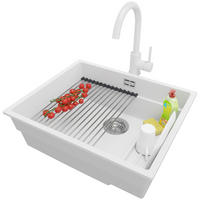 GRANITSPÜLE Praga Slim, 2-er set Weiß 56/47 cm 1 Becken + Küchenarmatur 32/20 cm + Ablauf-Set + Aufrollbare Abtropffläche ab 60er Unterschrank - Chromfarben/Weiß, Kunststoff (56/20/47cm) - Primagran