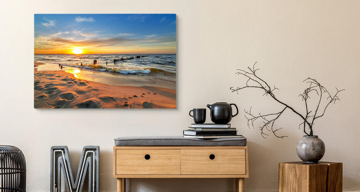 LEINWANDBILD Sonnenuntergang Strand Meer Landschaft 3D 120/80 cm - Blau/Beige, Textil (120/80cm) - Muralo