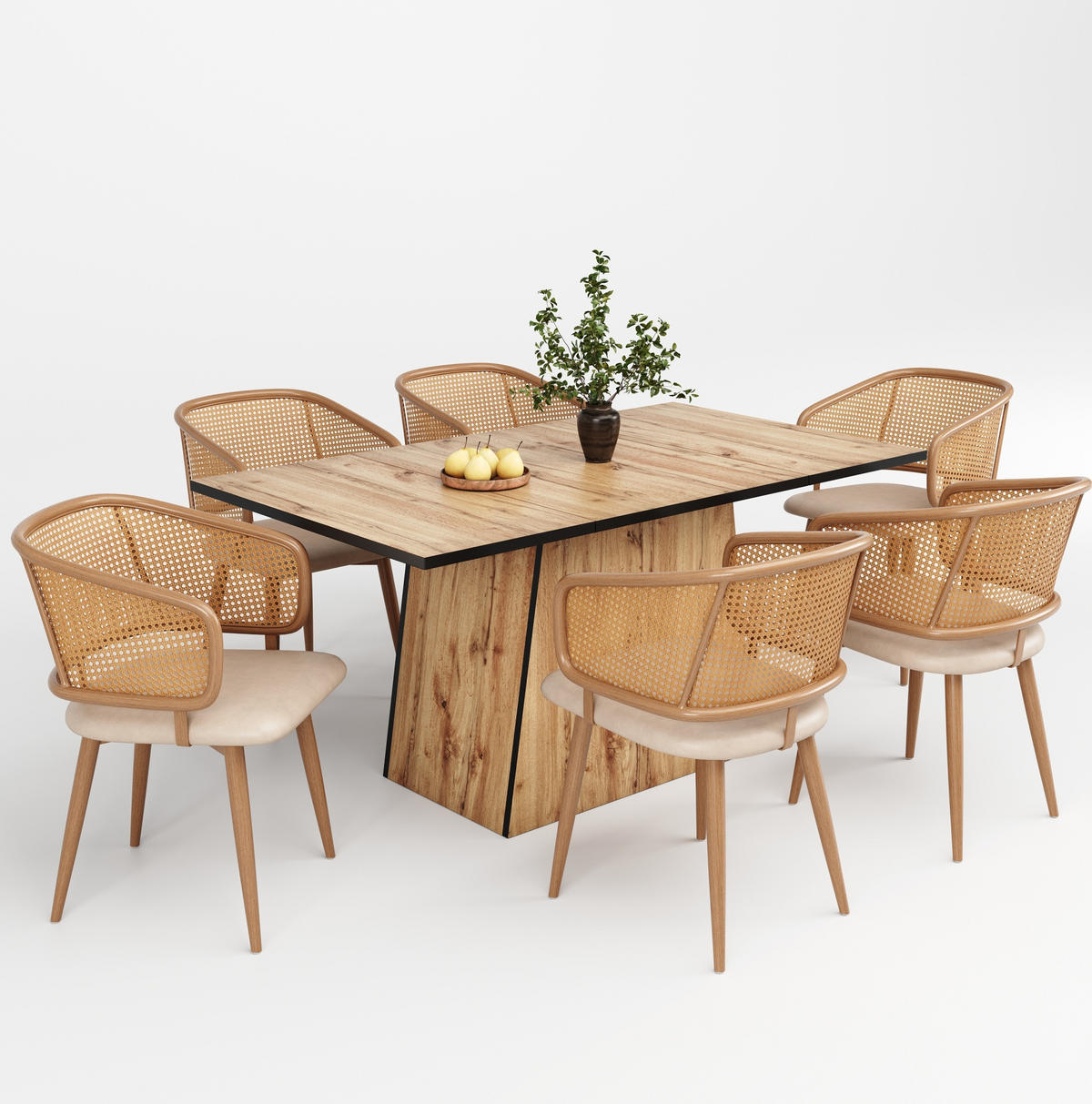 ESSZIMMERSTUHL 6er-Set mit Rattan-Rückenlehne 47 x 51 x 79 cm Beige Brown - Beige, Holz (51/79/47.2cm) - Meubliv