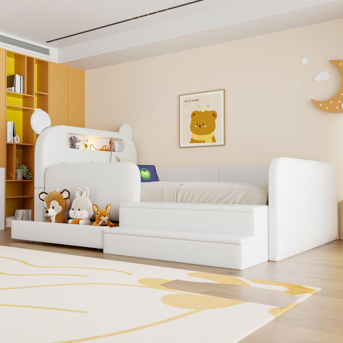 KINDER POLSTERBETT 90x200 Bär Kopfteil USB Stauraum Nachtlicht Weiß - Weiß, Holzwerkstoff (90/200cm) - FLIEKS