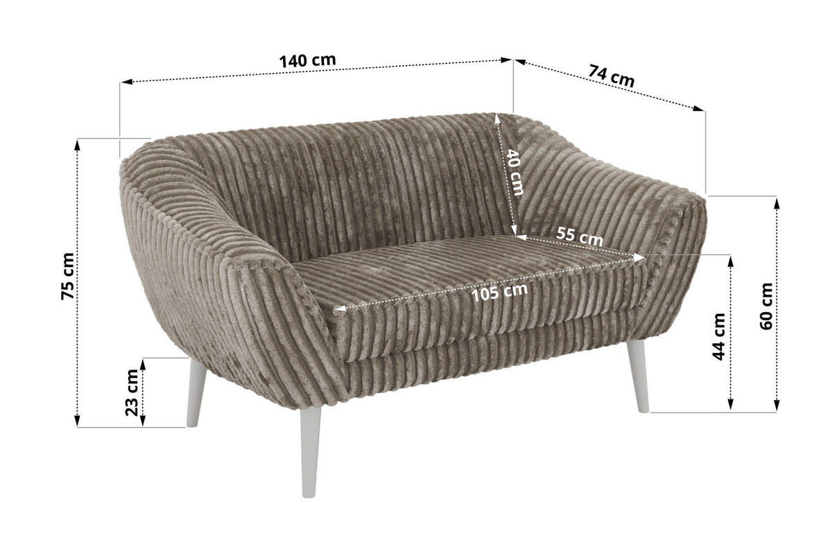2-SITZER-SOFA PIRS - Hellbraun Cord - Weiße Beine - Hellbraun/Weiß, Holzwerkstoff/Textil (140/75/74cm) - MKS