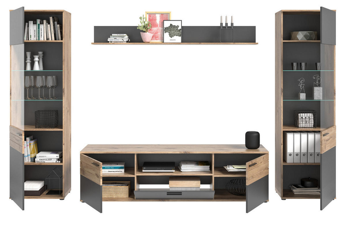 WOHNWAND Eiche, grau 4-teilig 338 cm, Schrankwand mit Soft-Close, Wohn- und Esszimmermöbel - Eichefarben/Schwarz, Glas/Holzwerkstoff (338/200/47cm) - Inn.Furn