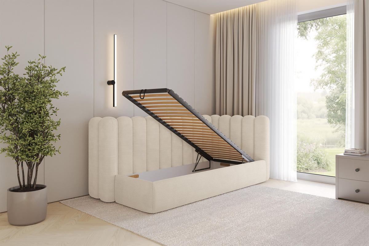 EINZELLBETT Jugendbett mit Bettkasten und Matratze H3/H4, Links - HUGY 100x200 Beige - Creme, Holzwerkstoff/Textil (100/200cm) - ALTDECOR