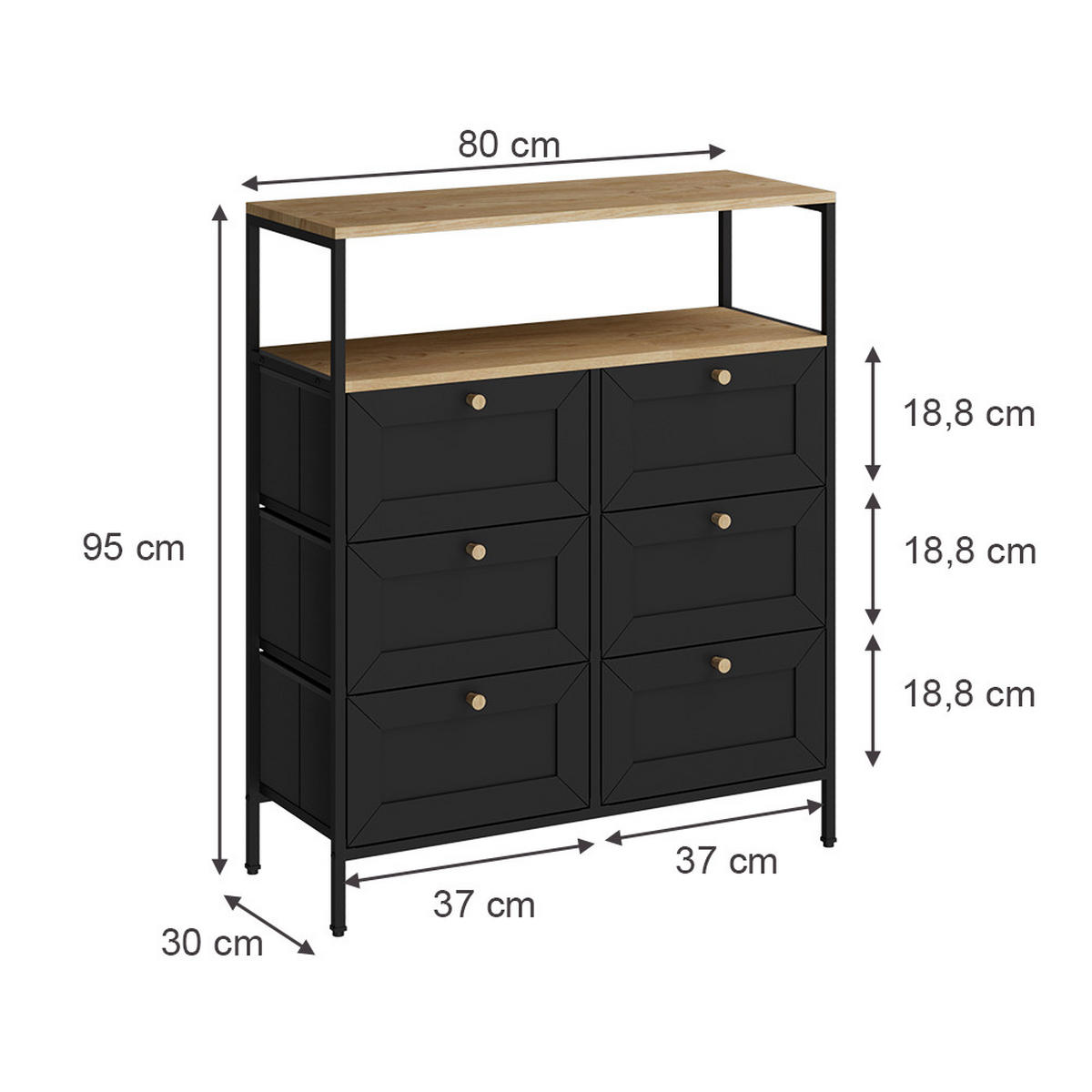 KOMMODE Belaro Schwarz 80 x 95 cm mit 6 Schubladen - Schwarz, Holzwerkstoff (80/95/30cm) - Vicco