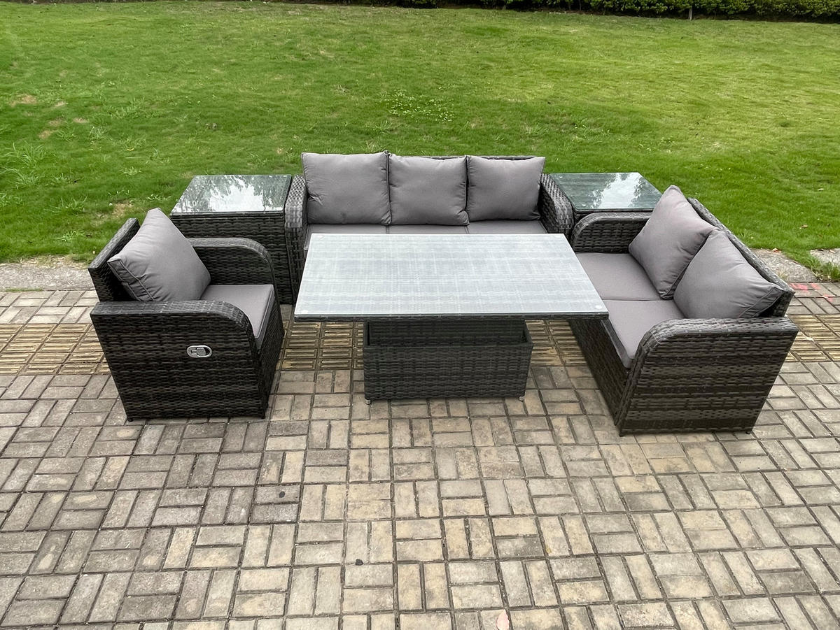 GARTENMÖBEL SET mit Höhenverstellbarer Esstisch 6-Sitzer Grau - Dunkelgrau/Grau, Glas/Kunststoff - Fimous