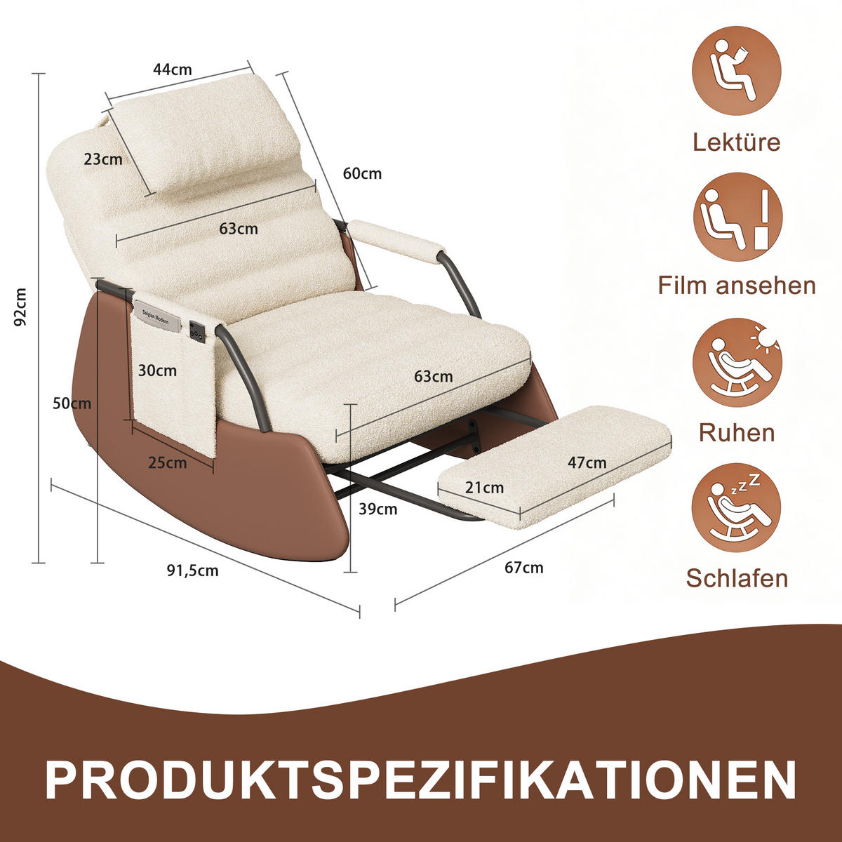 NASLANJAČ, gugalni stol, bež, z naslonom za noge, plišasti flis, nastavljiv vzglavnik - bež, tekstil (67/92/91.5cm)