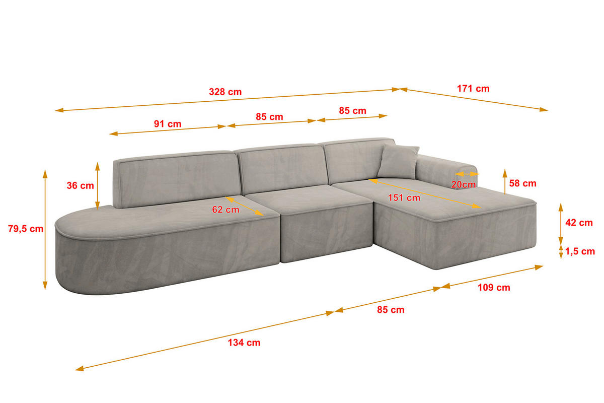 ECKSOFA Ottomane Rechts IREA-L2-v3 - 328x171x79 cm Hellbraun - Hellbraun, Holzwerkstoff/Textil (171/328cm) - ALTDECOR