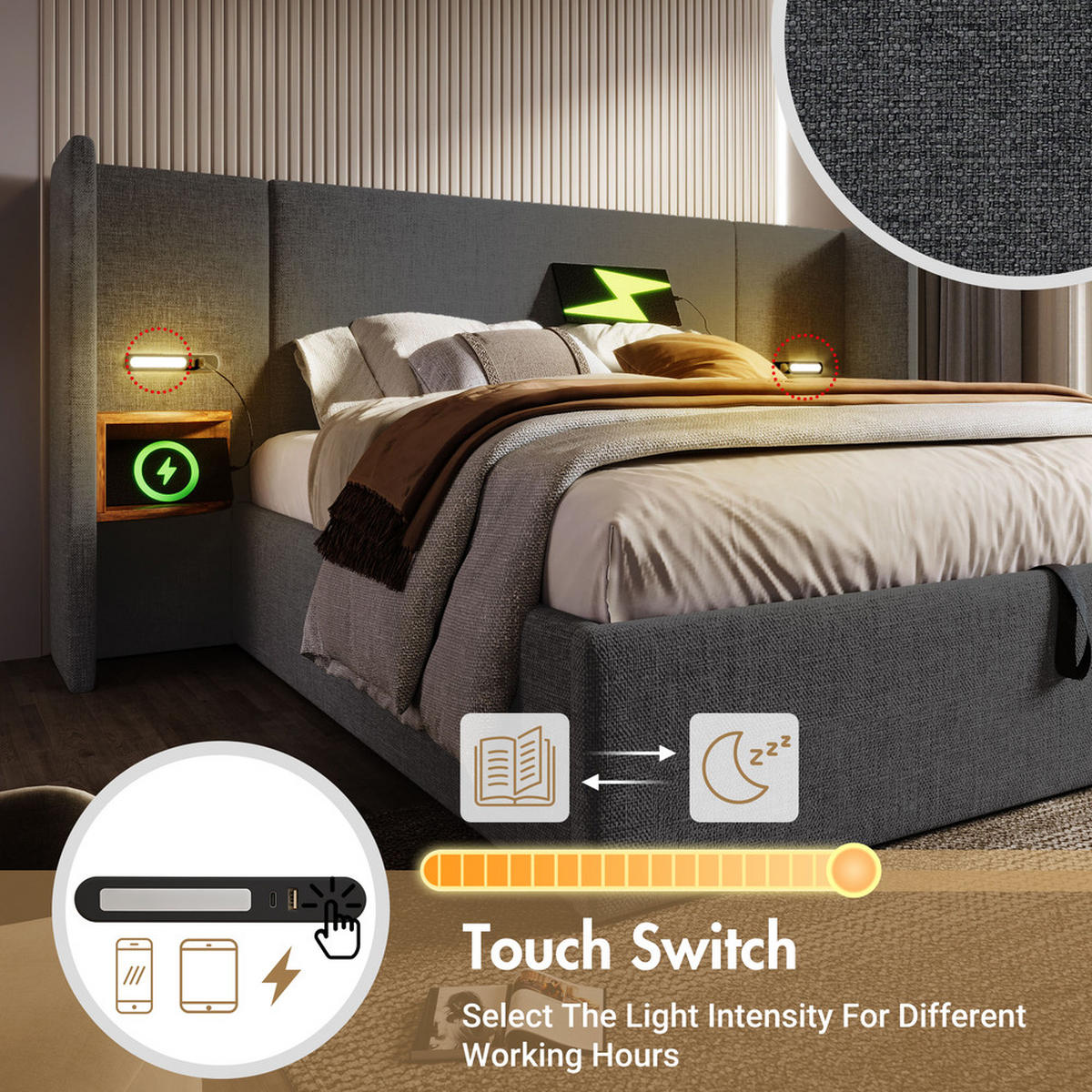 POLSTERBETT 180x200cm Doppelbett mit Nachttisch Leselampe & USB-C Grau - Grau, Holz - FLIEKS