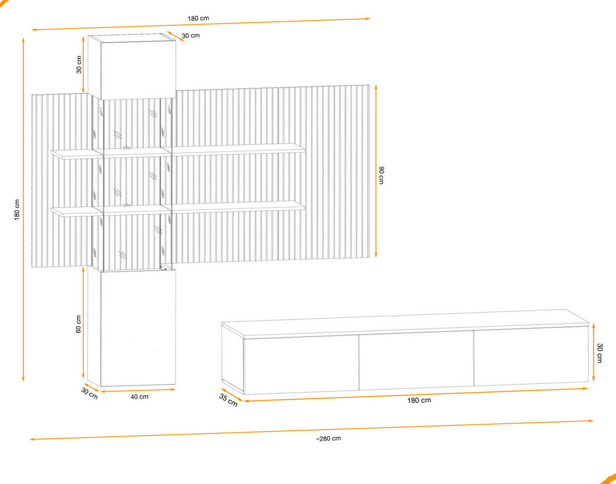 WOHNWAND Sand matt, Eiche Artisan 280 cm, Schrankwand hängend inklusive LED Beleuchtung - Sandfarben/Schwarz, Holzwerkstoff/Metall (280/180/45cm) - Furn.Design