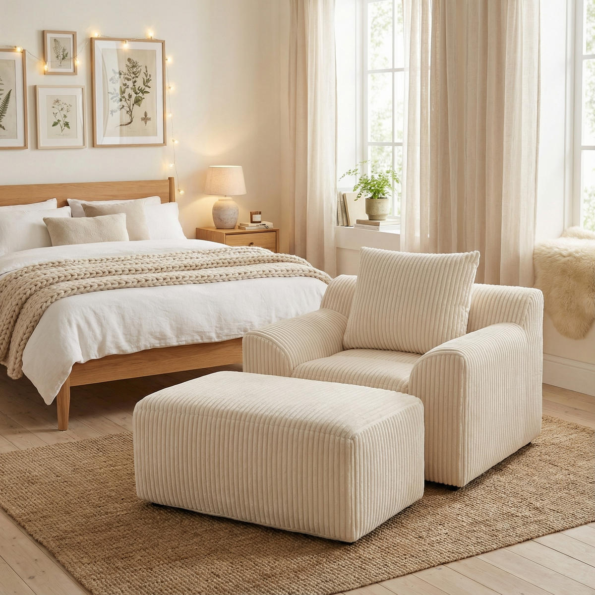 SESSEL mit Hocker in Cord Übergroßer Relaxsessel - Beige, Textil (147/67/110cm) - Urban Meuble