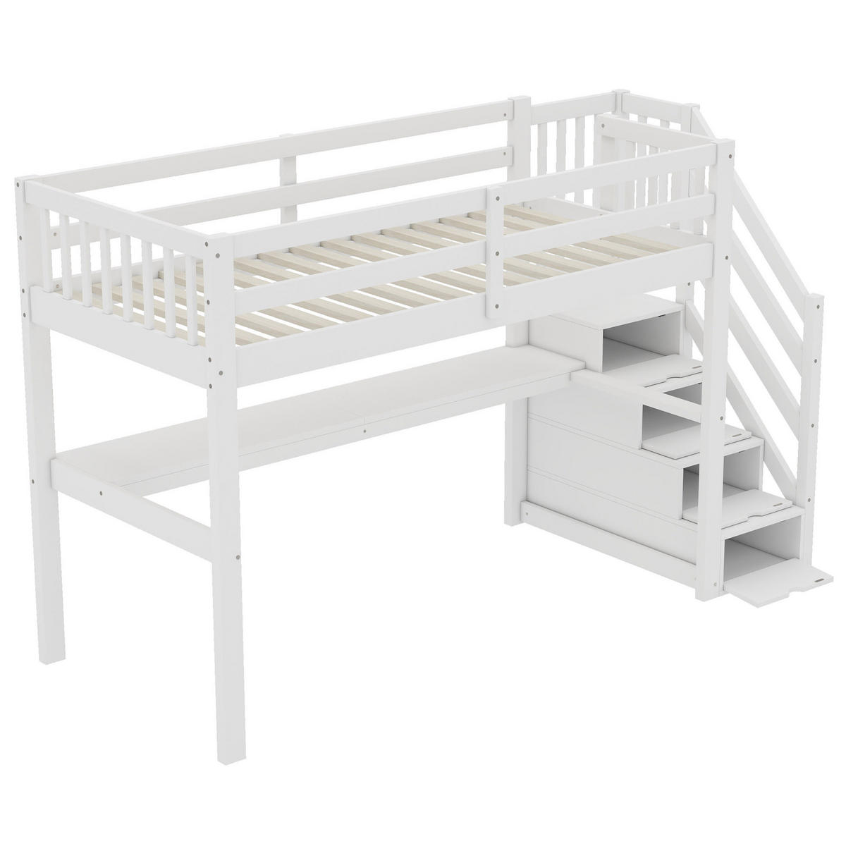 HOCHBETT 90/200 cm Weiß Kinderhochbett mit Stauraumschubladen und Unterbettschreibtisch aus Kiefernholz - Weiß, Holz (90/200cm) - OKWISH