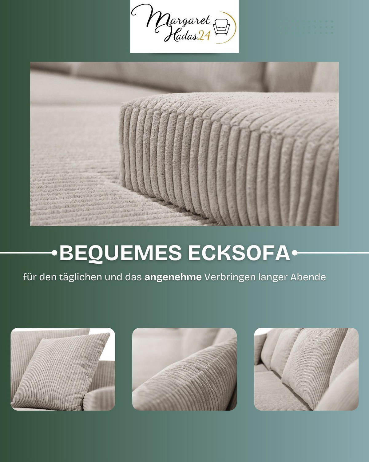 WOHNLANDSCHAFT Lauren in U-Form 348 x 188 cm, 5 Sitzer, Bettzeugablage, Big Sofa, Eckcouch, Cord, beige - Beige, Kunststoff (348/93/188cm) - Margaret Hadas24