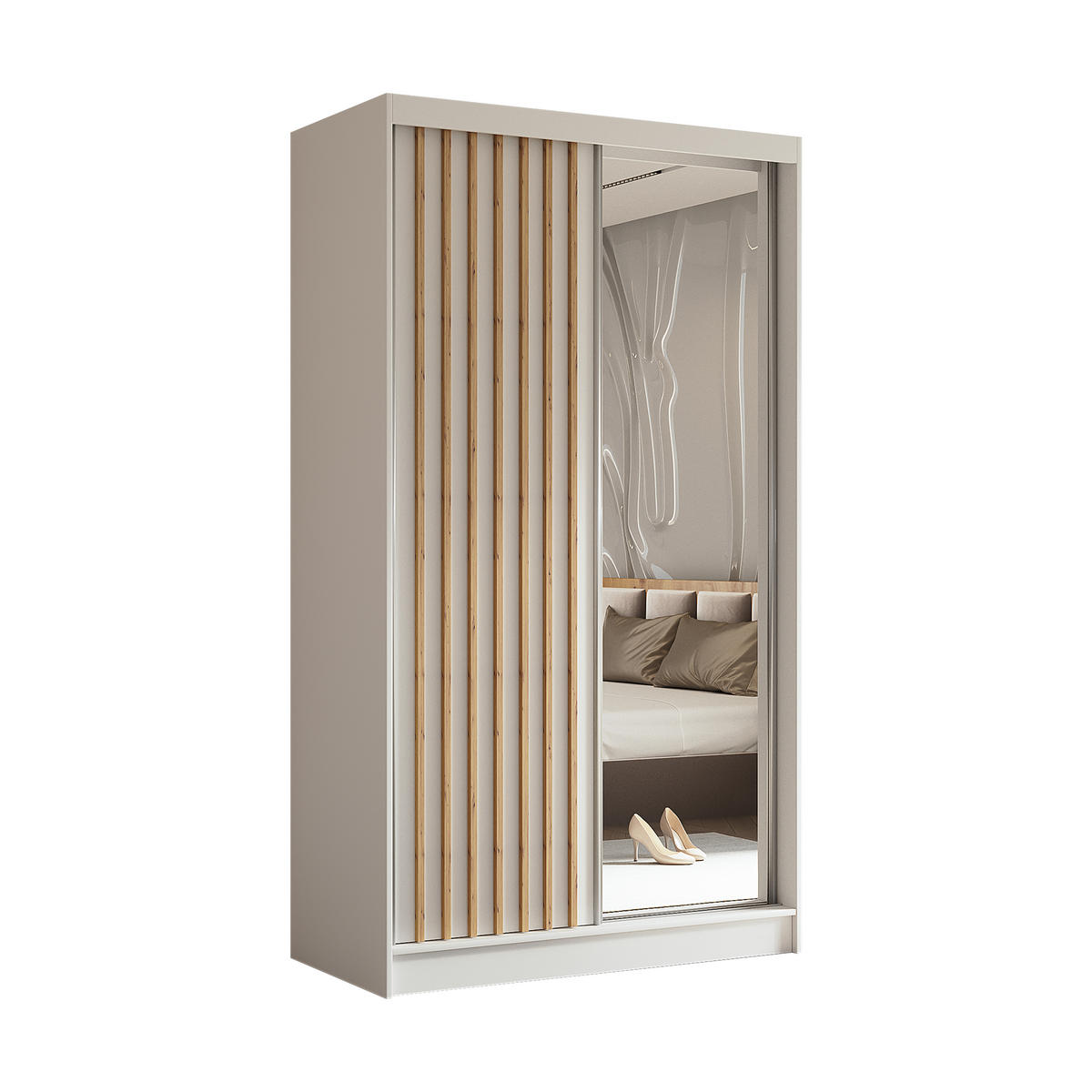 SCHWEBETÜRENSCHRANK LAMELLO 120/216/61 cm 2-türig mit Spiegel Weiß - Weiß, Holzwerkstoff (120/216/61cm) - MASSENO