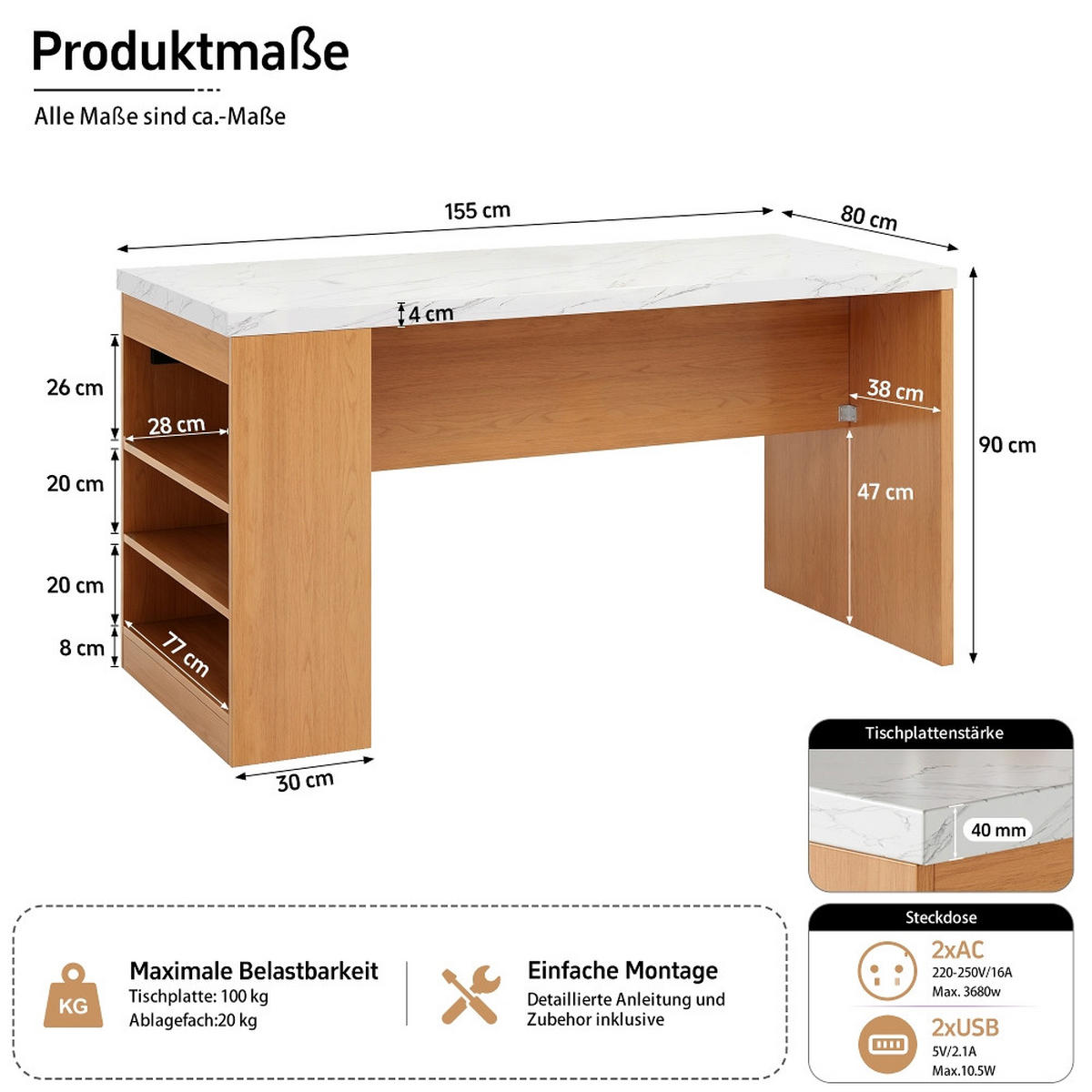 KÜCHENINSEL mit LED-Beleuchtung und Steckdose, 40 mm Arbeitsplatte, 3 offene Ablagen, MDF, 155/80/90 cm - Naturfarben, Kunststoff (80/90/155cm) - Rolipo