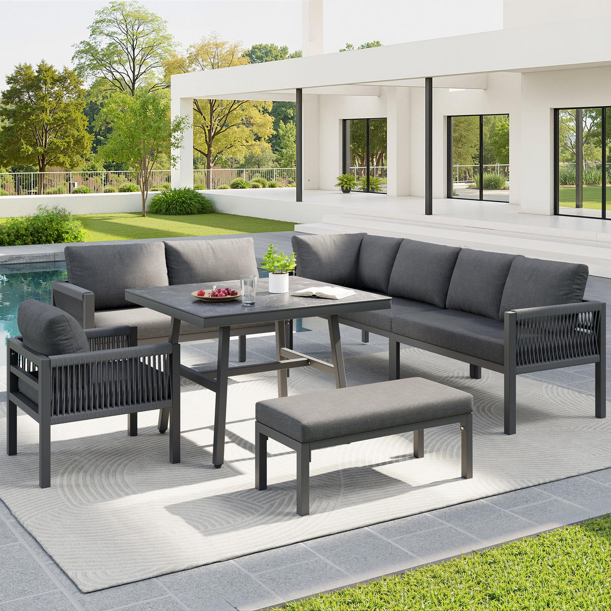 LOUNGEGARNITUR für 8 Personen mit Grauen Polstern - Grau, Metall