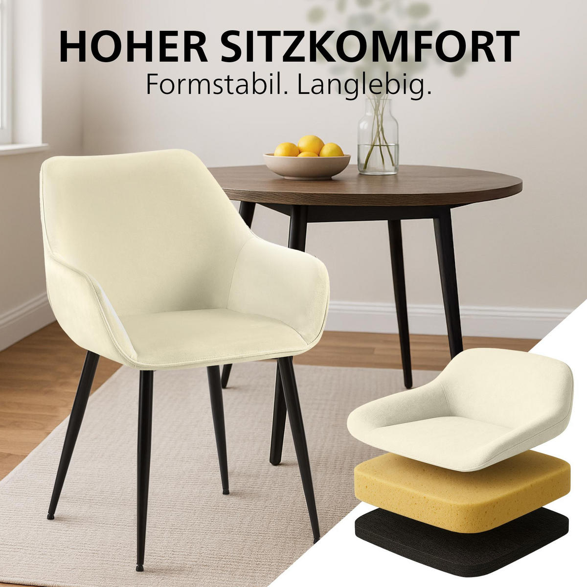 ARMLEHNENSTUHL 2er Set Samt Creme - Creme/Schwarz, Textil/Metall (52/82/63cm) - CLP