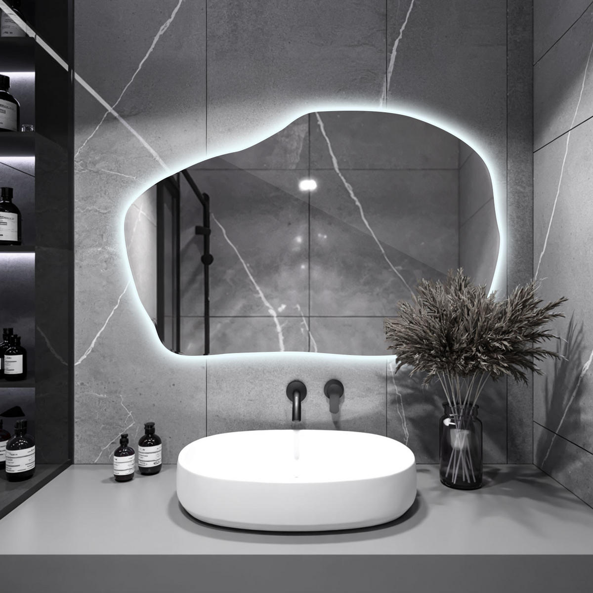 LED SPIEGEL 90 x 58,5 cm Unregelmäßige Form Kaltweiß 6500K - Transparent, Glas (90/58.5/0.4cm) - TULUP