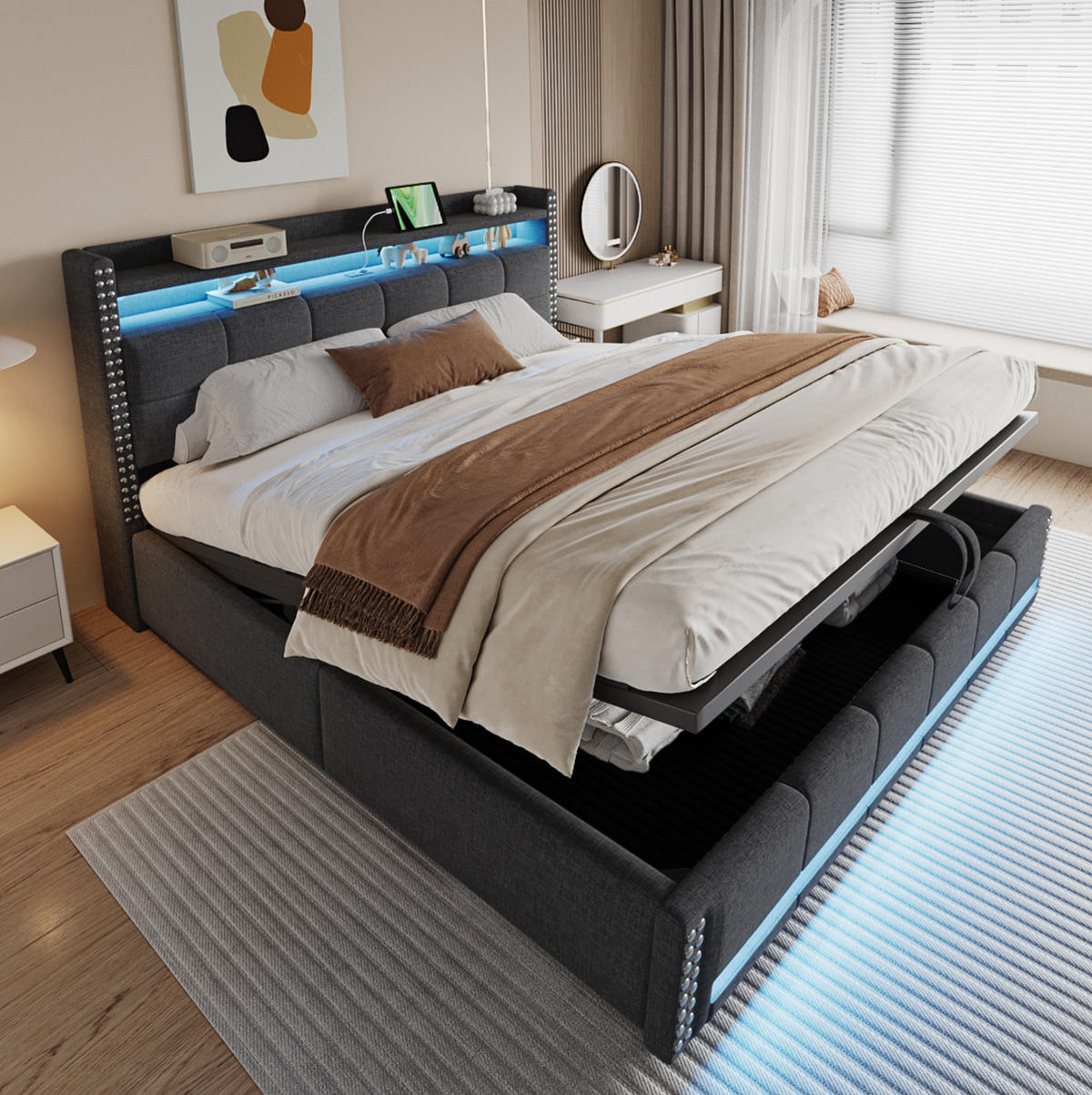 POLSTERBETT 180/200 cm mit LED-Beleuchtung, USB-Anschluss, hydraulischem Bettkasten und Leinenbezug, Grau - Grau, Textil (180/200cm) - Redom