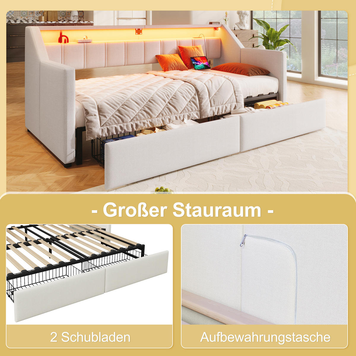TAGESBETT 90/200 cm mit Ausziehfunktion zu 180/200 cm, USB, Type-C, LED und 2 Schubladen, Beige - Beige, Textil (90/200cm) - Redom