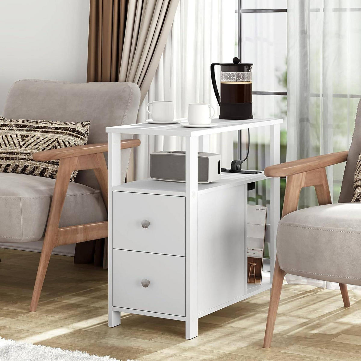 BEISTELLTISCH mit Steckdose, 60x60x30 cm - Weiß, Holzwerkstoff (30/60/60cm) - Woltu