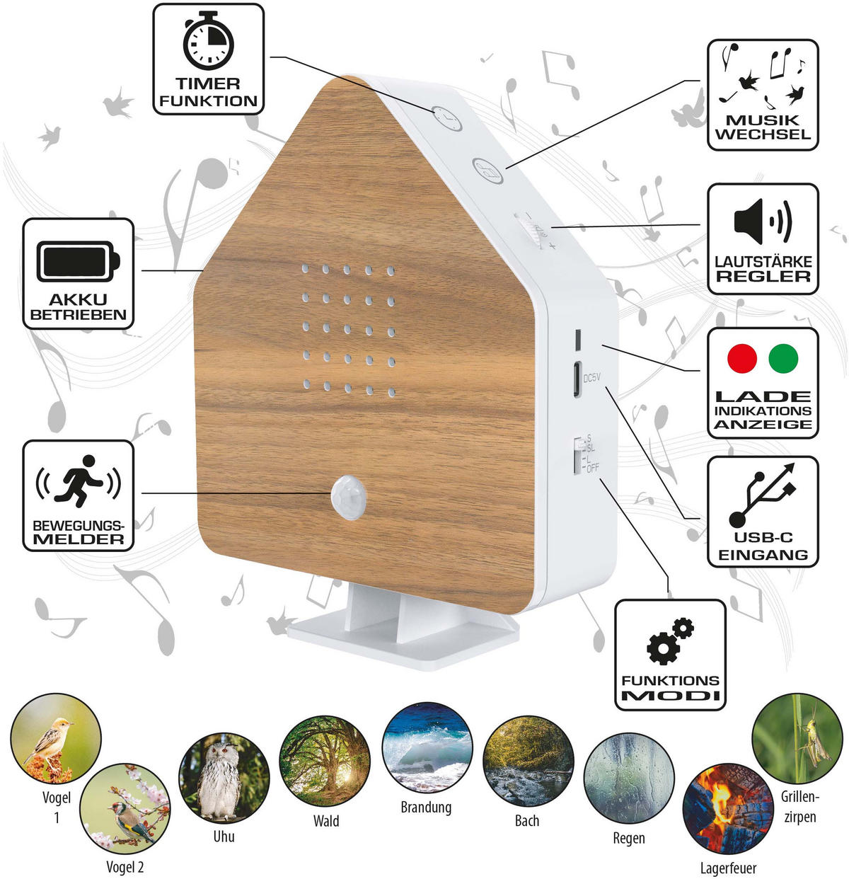 NATURGERÄUSCHEBOX Vogelzwitscher Bewegungsmelder Licht Aufladbar mit Wandhalterung - Braun, Kunststoff (5/13/16cm) - Northpoint