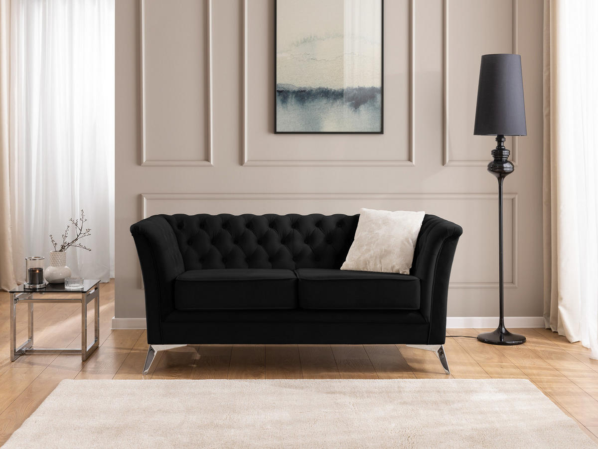 SITZGARNITUR 3+2 Chesterfield Whitby Schwarz Samt mit silbernen Füßen - Silberfarben/Schwarz, Holz/Textil (237/78/82cm) - S-Style Möbel