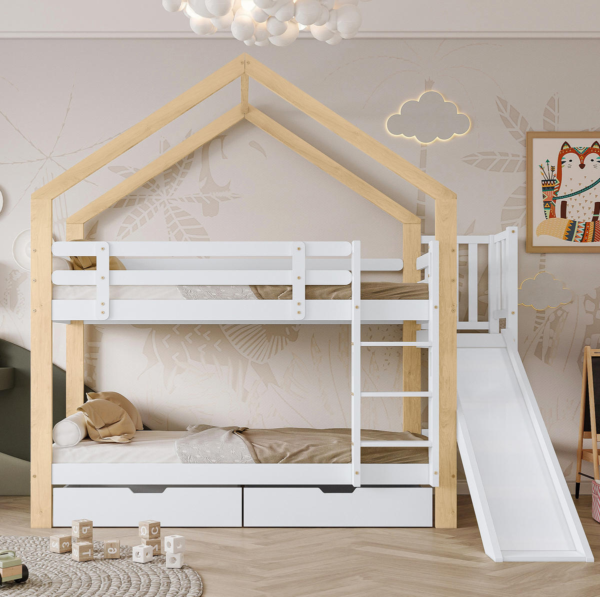 ETAGENBETT aus Kiefer und MDF 90x200 cm Weiß/Natur mit Rutsche, Leiter, 2 Schubladen und Hausdesign - Weiß, Holzwerkstoff (90/200cm) - Modfu