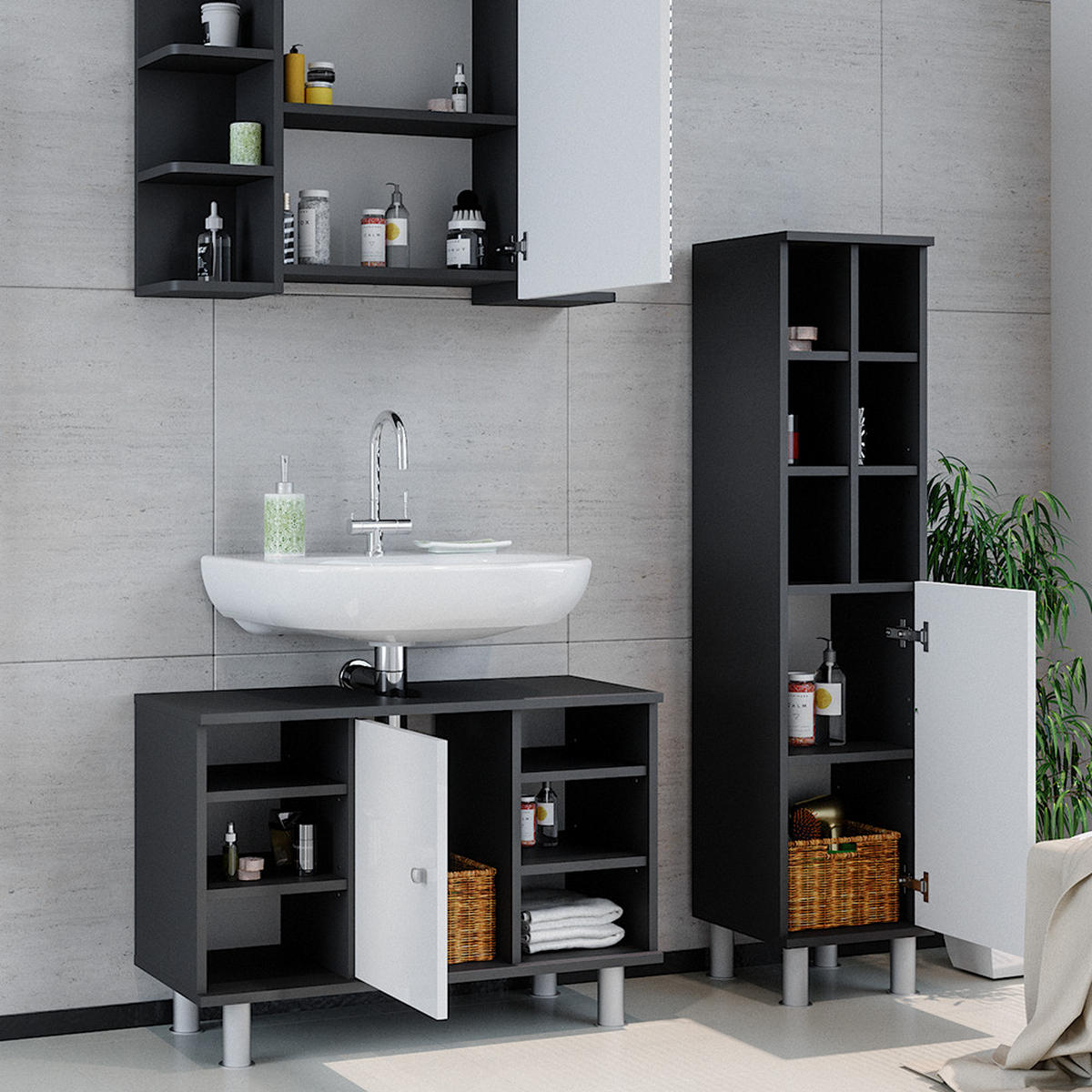 BADMÖBEL-SET Fynn Anthrazit 3 Teile, mit Midischrank Tür groß - Anthrazit/Weiß, Holzwerkstoff (60/54/32cm) - Vicco