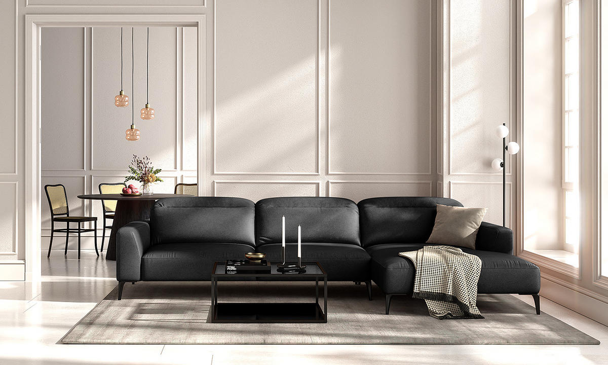 ECKSOFA mit Longchair - Schwarz, Leder/Metall (328/180cm) - home24