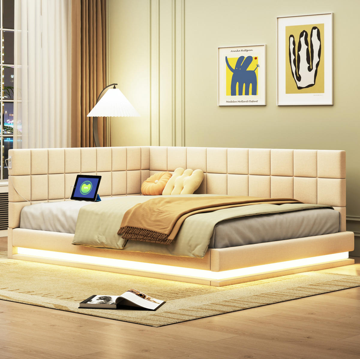 POLSTERBETT 140/200 cm aus Leinen mit LED-Lichtleiste und USB-Anschluss Beige - Beige, Leder (140/200cm) - Modenvie