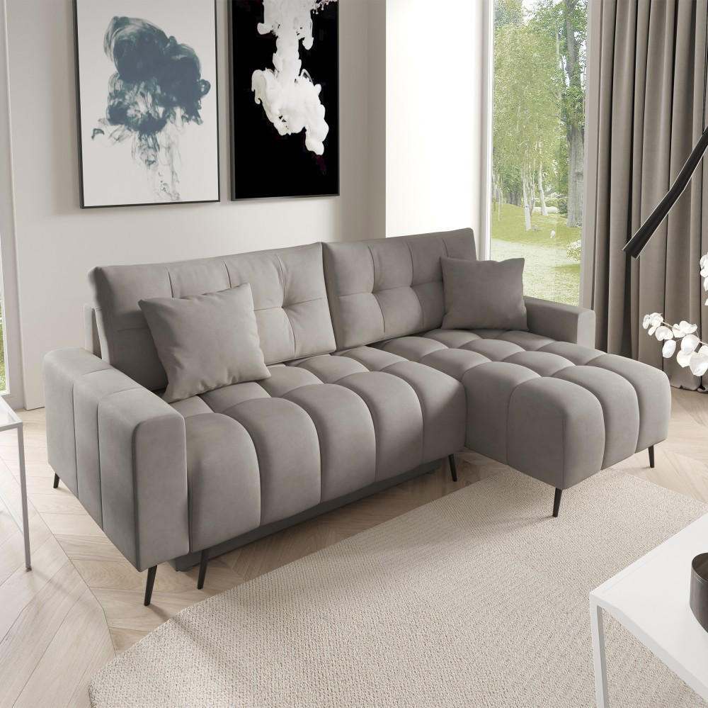 ECKSCHLAFSOFA Denver im Veloursstoff, Dunkelbeige - Beige/Schwarz, Textil (232/148cm) - Beautysofa
