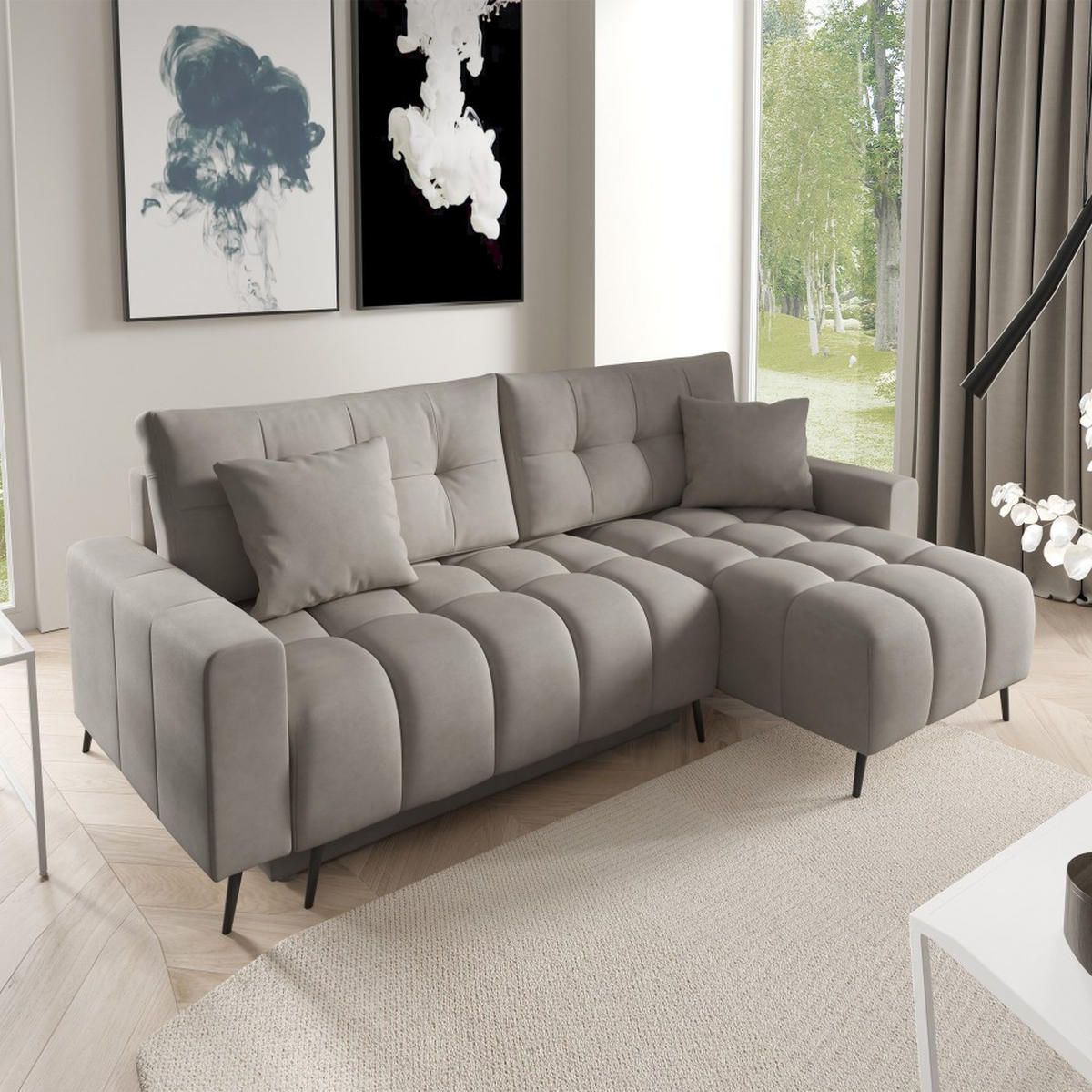 ECKSCHLAFSOFA Denver im Veloursstoff, Dunkelbeige - Beige/Schwarz, Textil (232/148cm) - Beautysofa