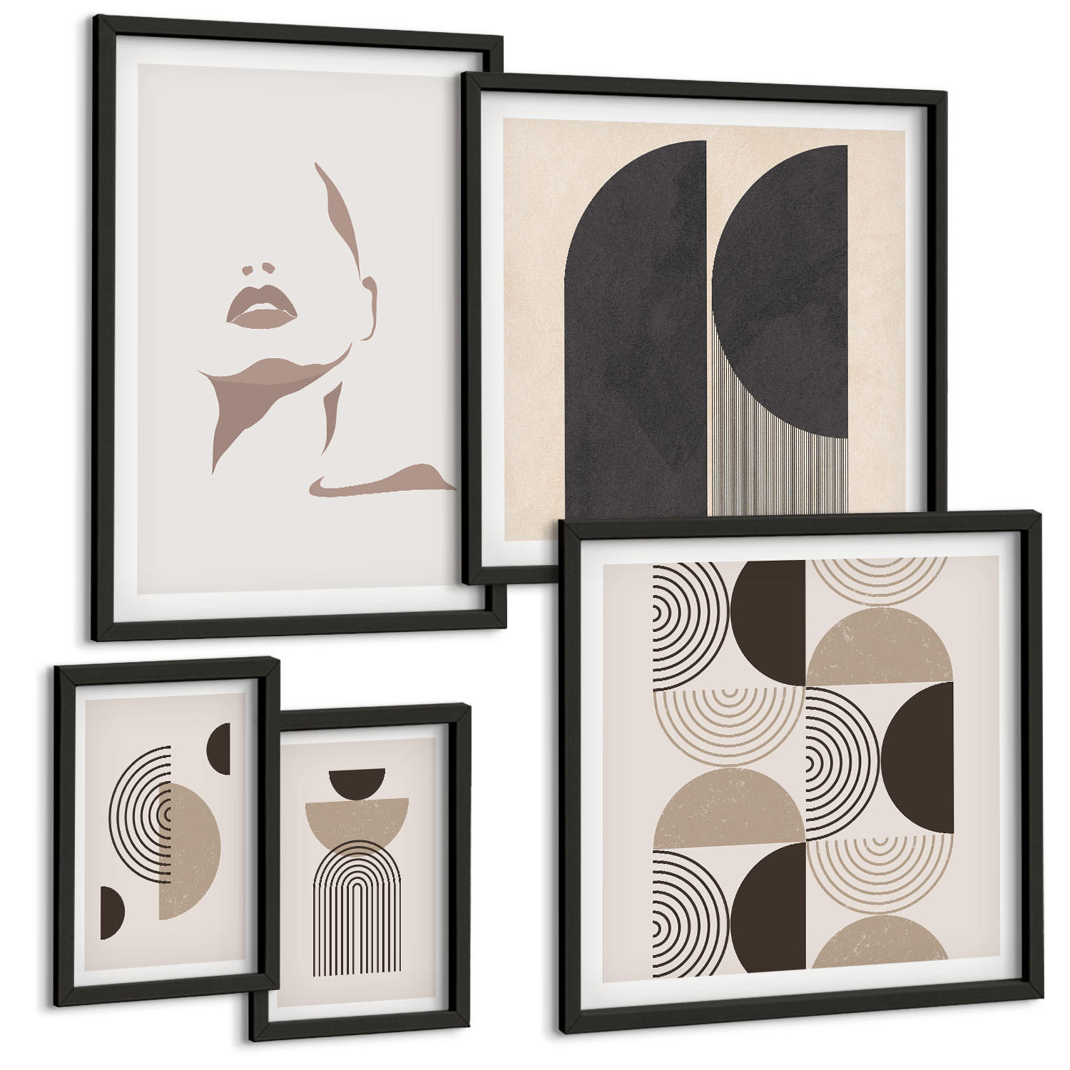 BILDER SET 5er Set - 50x50 cm & 20x30 cm & 40x60 cm Schwarzer Rahmen - Abstrakte Gesichtsformen - Schwarz, Kunststoff (40/60cm) - TULUP