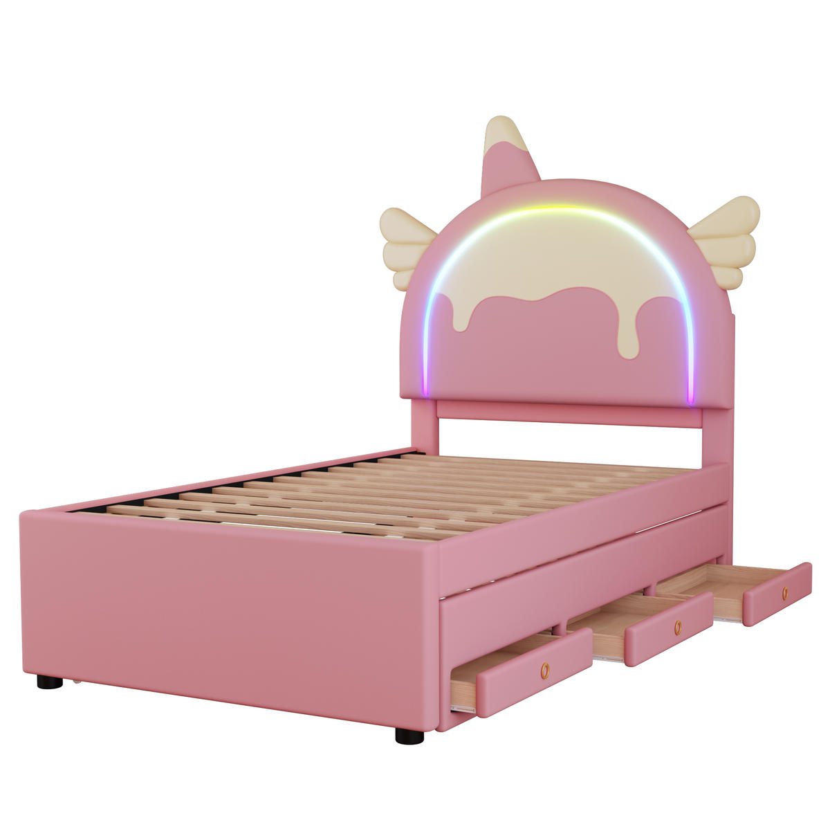 KINDERBETT 90/200 cm in Rosa mit Rollbett und Einhorn-Kopfteil - Rosa, Kunststoff (90/200cm) - BEAOK
